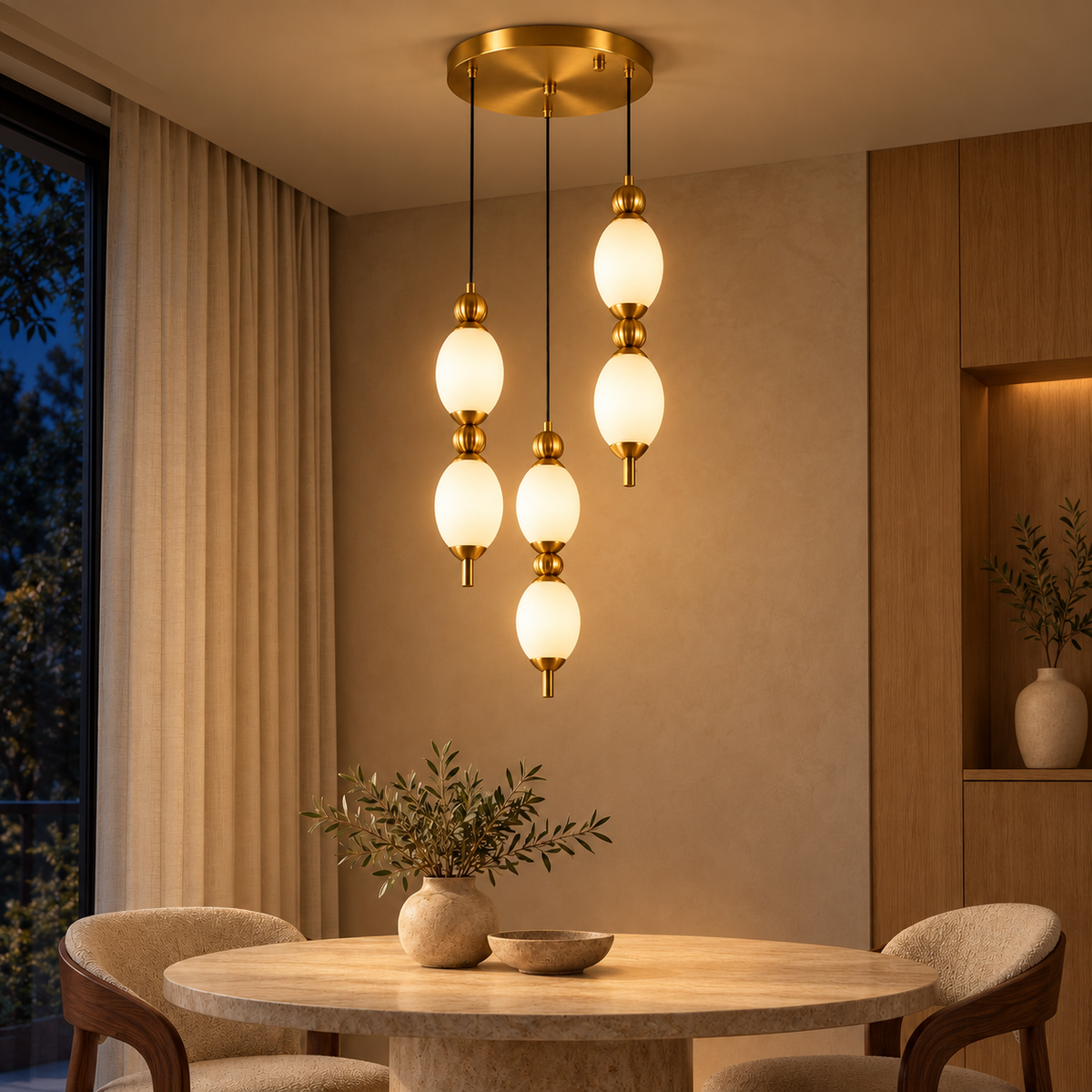 Ovelle Three-Drop Acrylic Chandelier, evening interior, light on