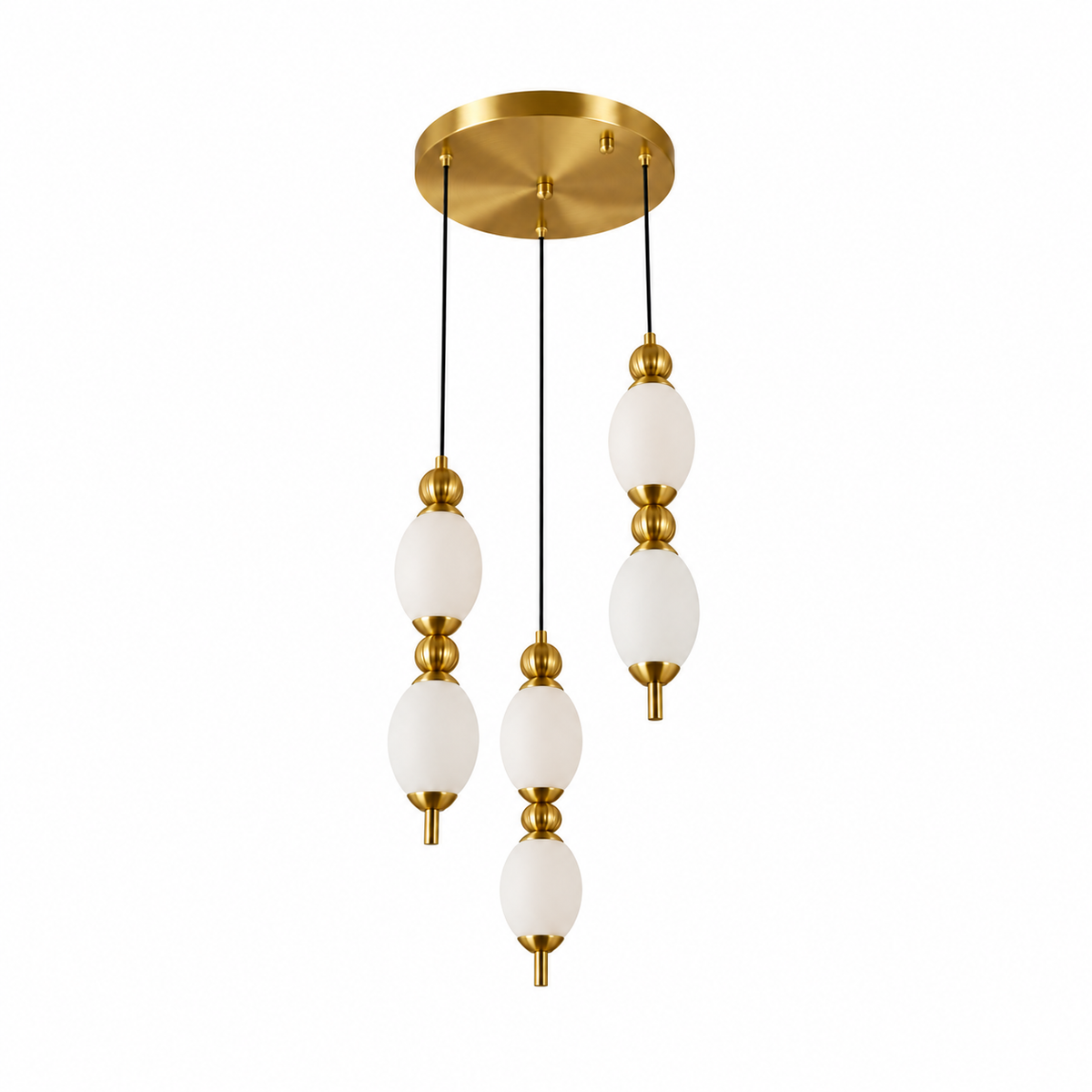 Ovelle Three-Drop Acrylic Chandelier, studio view on white