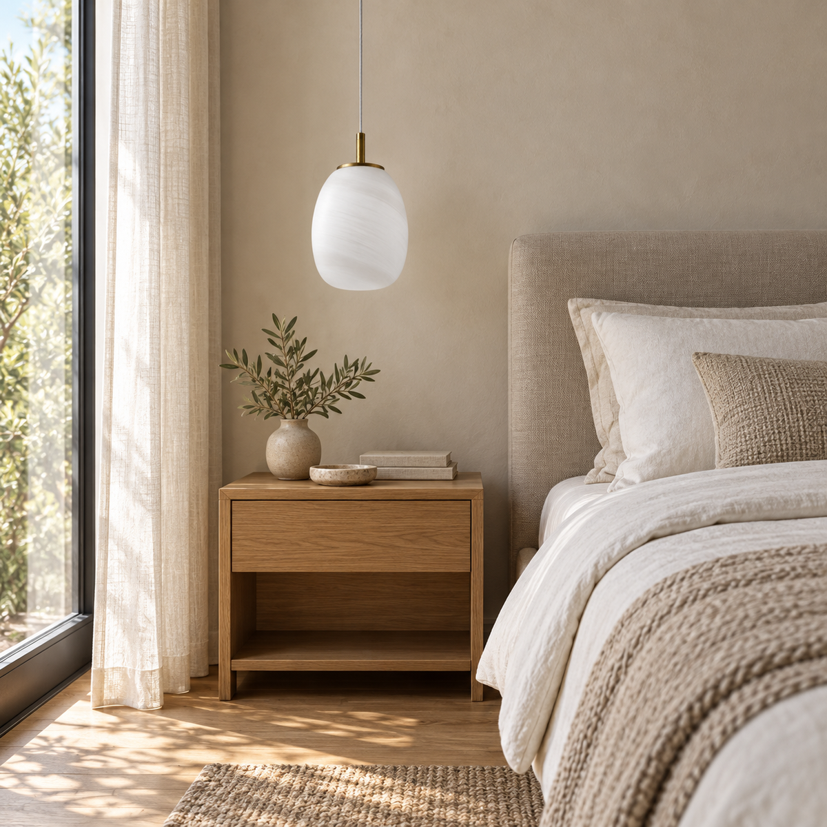Ovola White Glass Pendant Light, daylight interior, light off
