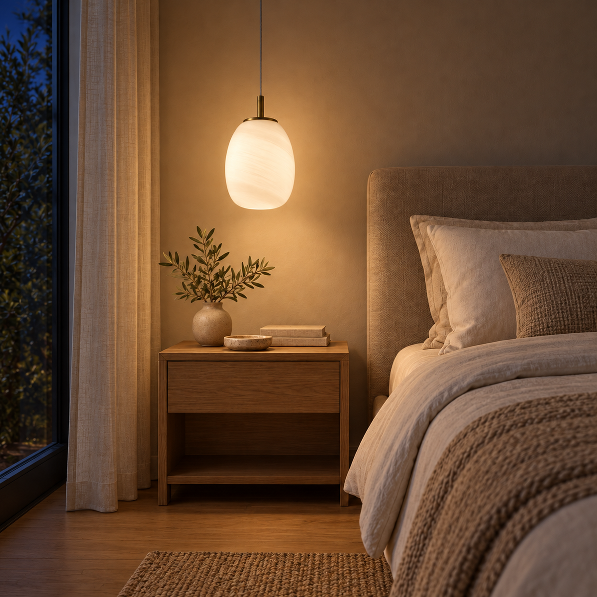 Ovola White Glass Pendant Light, evening interior, light on
