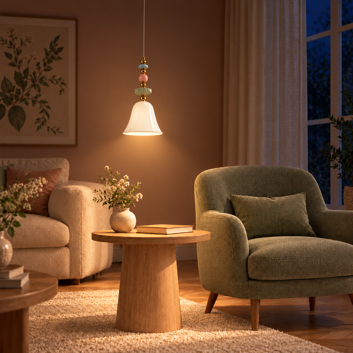 Pastella Ceramic Bell & Bead Pendant Light – evening interior, light on