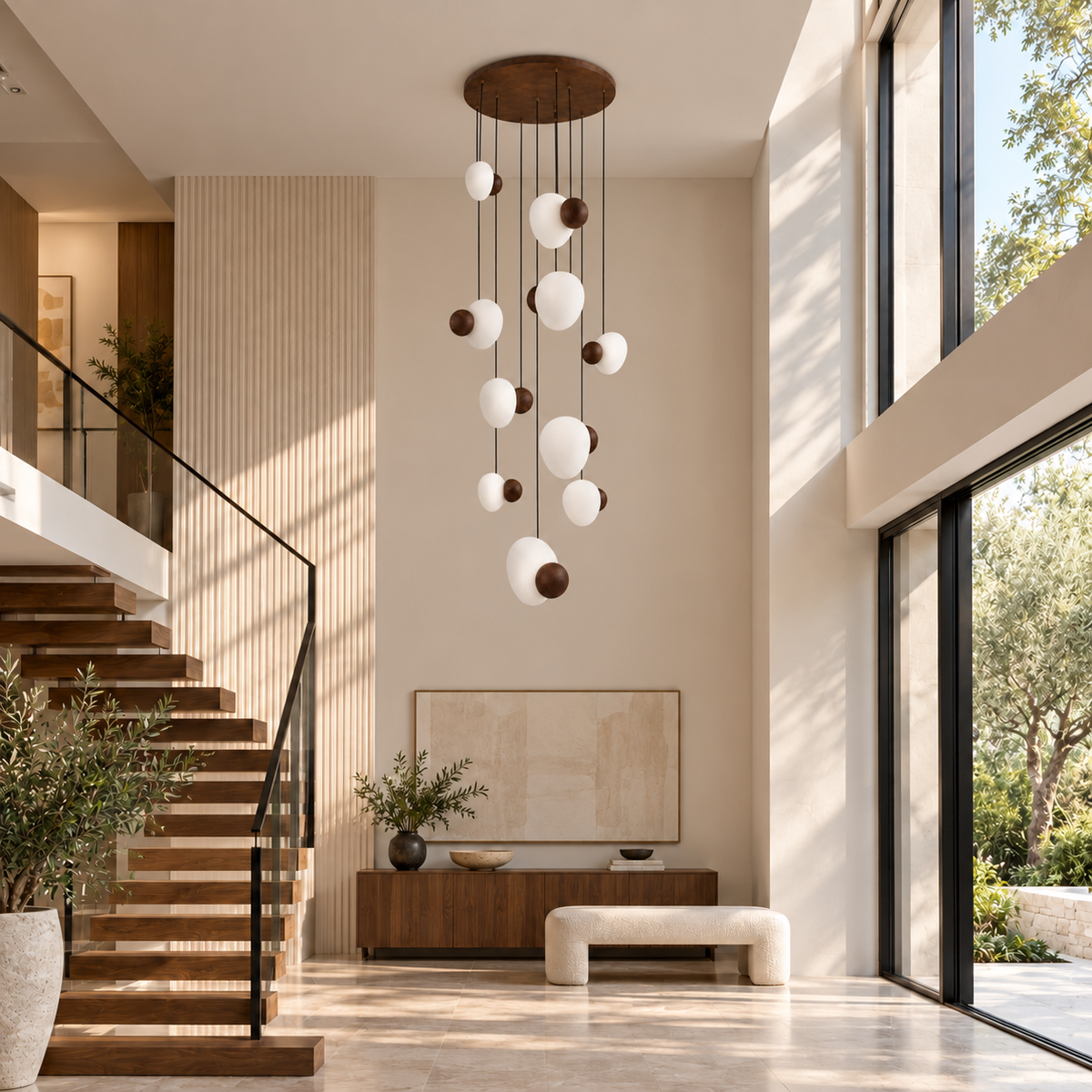 Peblia Ten-Drop Wood & White Pendant Light – daylight interior, light off