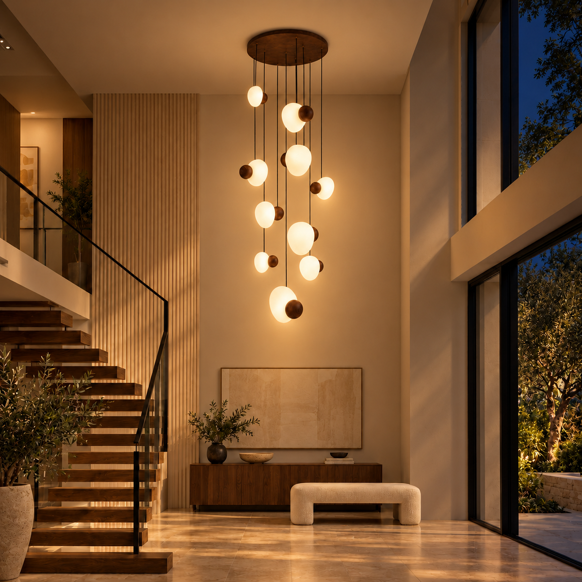 Peblia Ten-Drop Wood & White Pendant Light – evening interior, light on