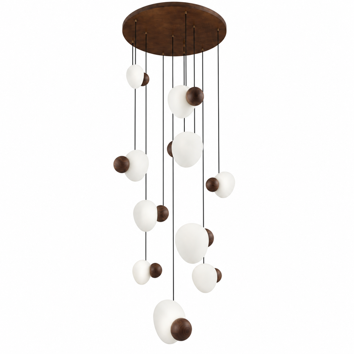 Peblia Ten-Drop Wood & White Pendant Light – studio view on white