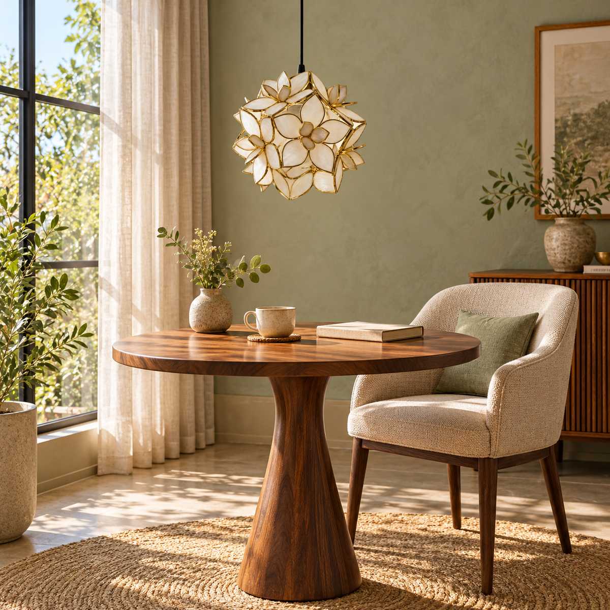 Petaline Brass & Seashell Pendant Light – daylight interior, light off