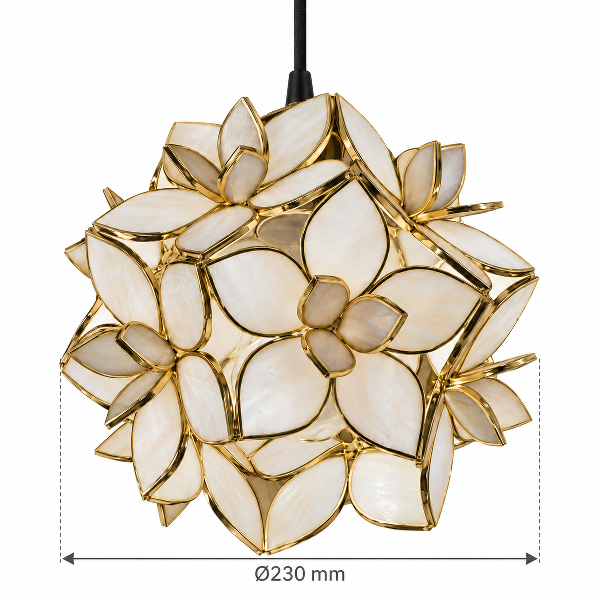 Petaline Brass & Seashell Pendant Light – confirmed dimensions in millimetres