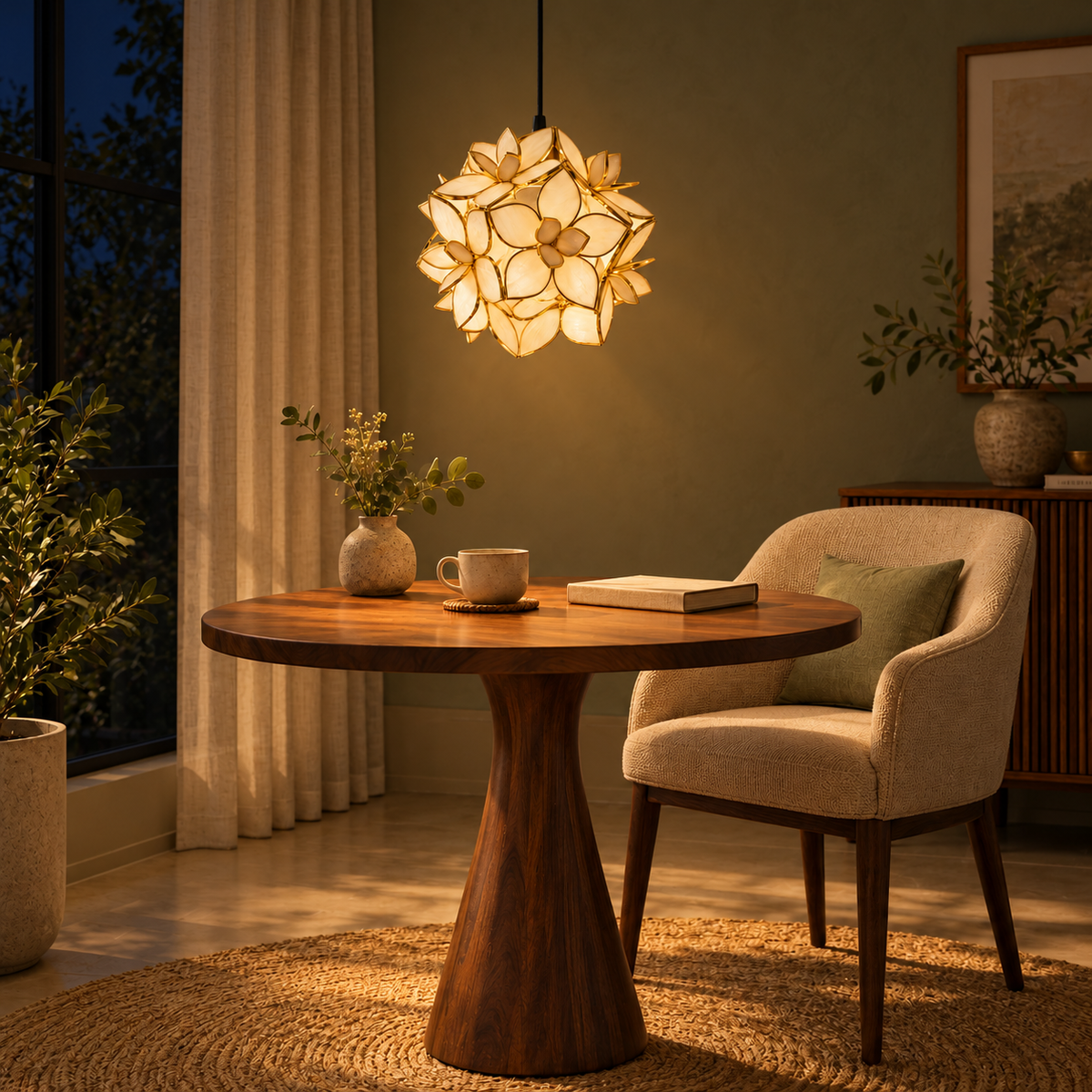 Petaline Brass & Seashell Pendant Light – evening interior, light on