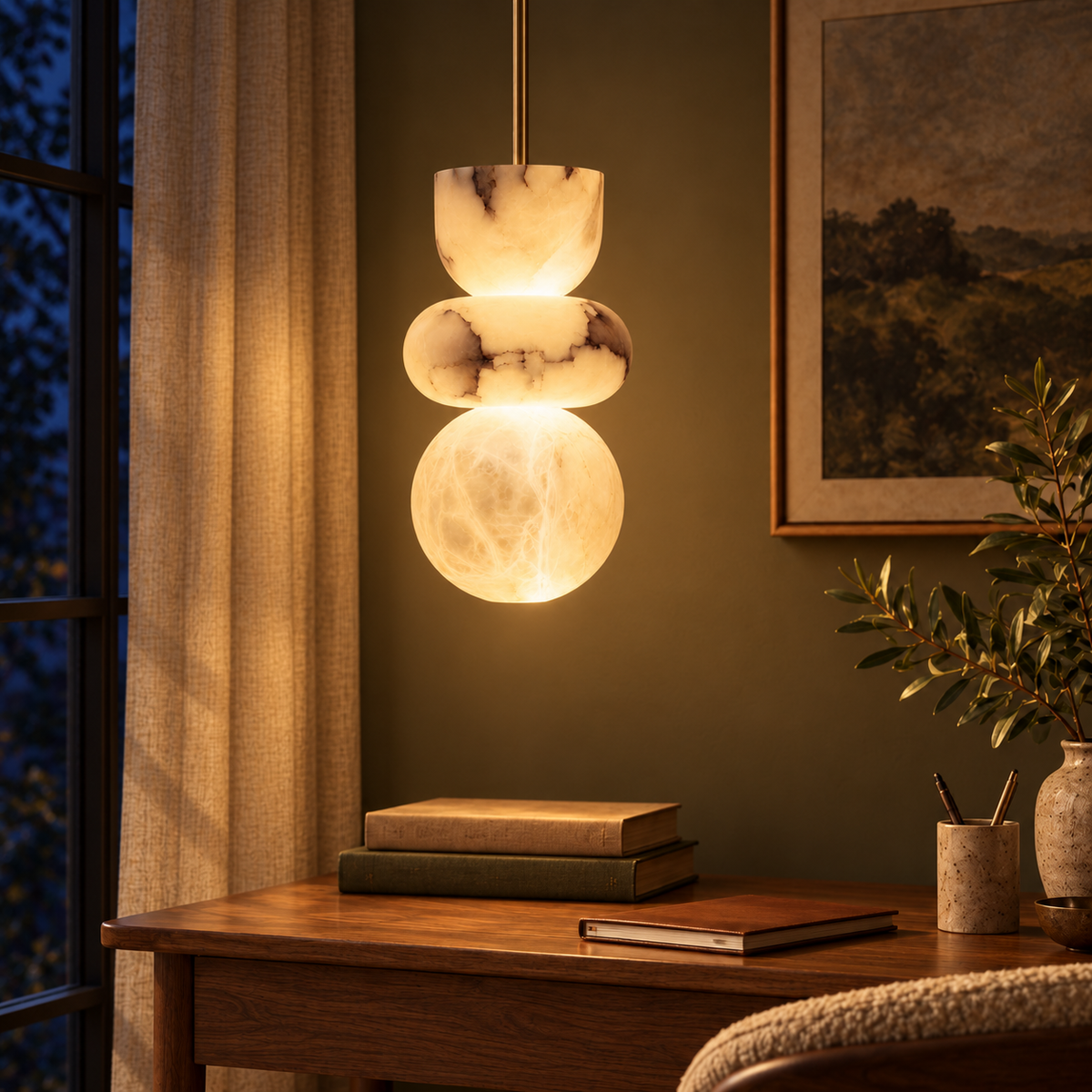Petra Stacked Marble Pendant Light, evening interior, light on