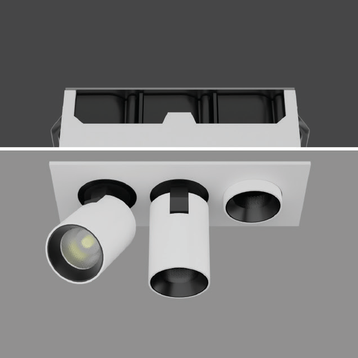 PLUCK triple 9W (3 × 3W) white-body recessed spotlight in its original ceiling installation reference, preserving all three heads and original positions; black-body image unavailable.