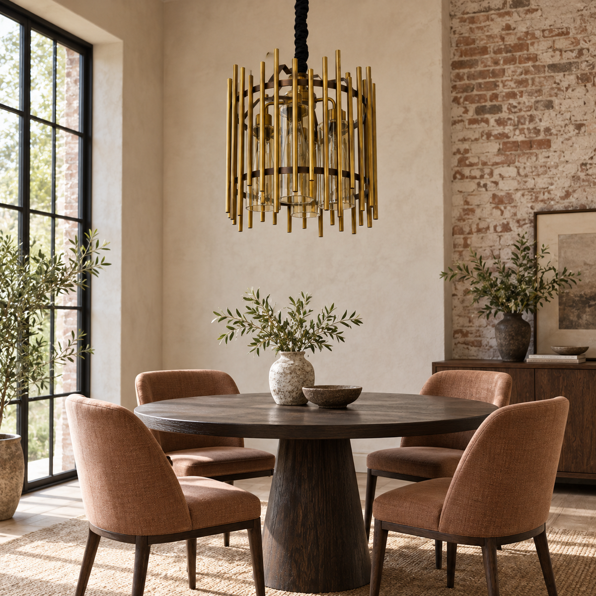 Portico Amber Glass Cage Chandelier, daylight interior, light off