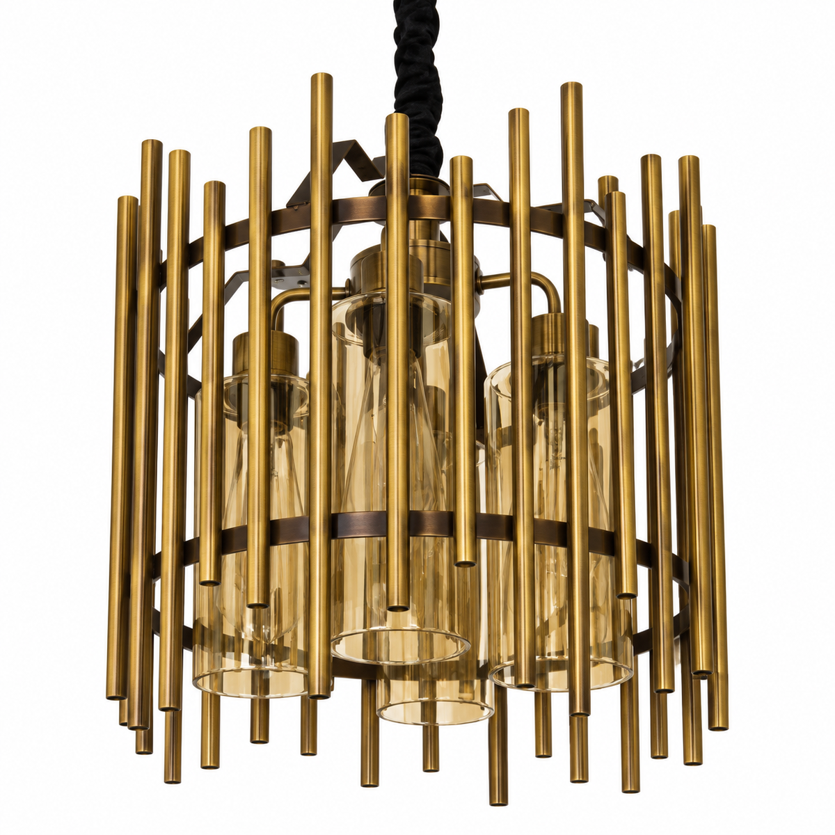 Portico Amber Glass Cage Chandelier, studio view on white