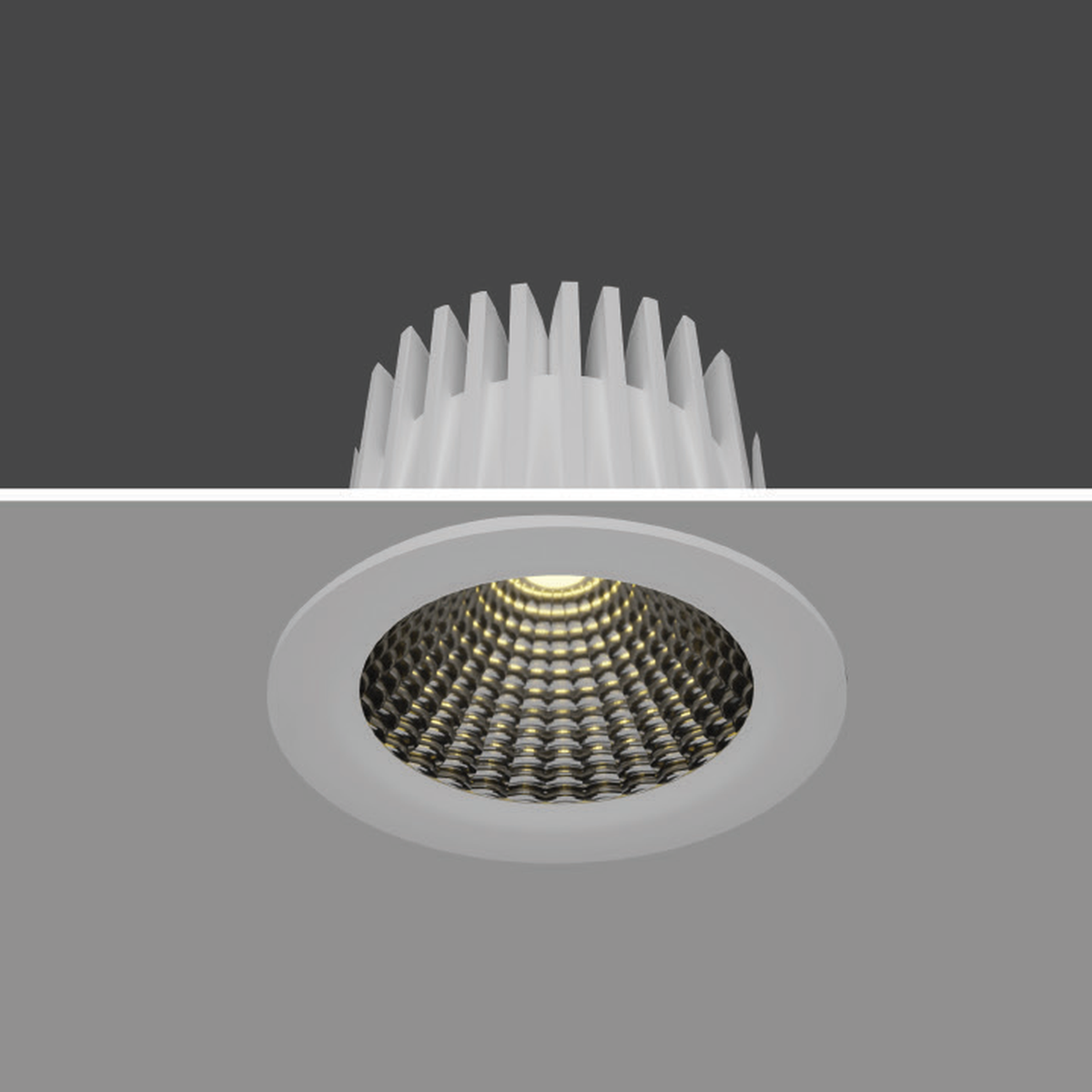RADAR-FIX representative white-body recessed downlight, original installed view; exact wattage unidentified and black-body image unavailable.