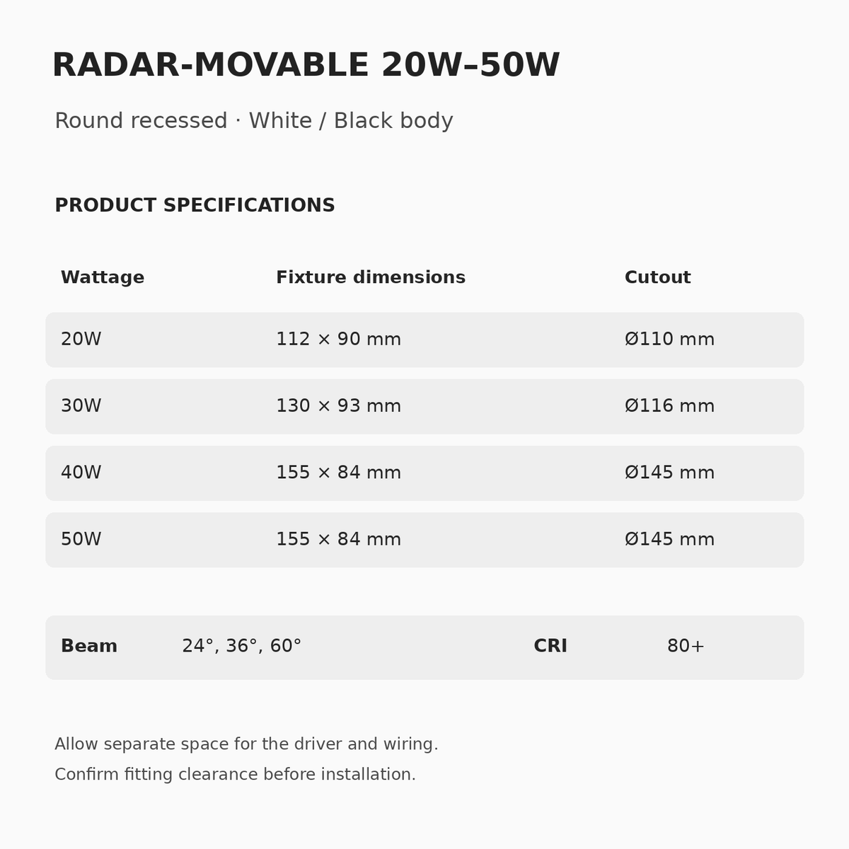 RADAR-MOVABLE 20W to 50W specifications: fixture dimensions, Ø110 mm, Ø116 mm or Ø145 mm ceiling cutouts, 24°, 36° or 60° beam options and CRI 80+.