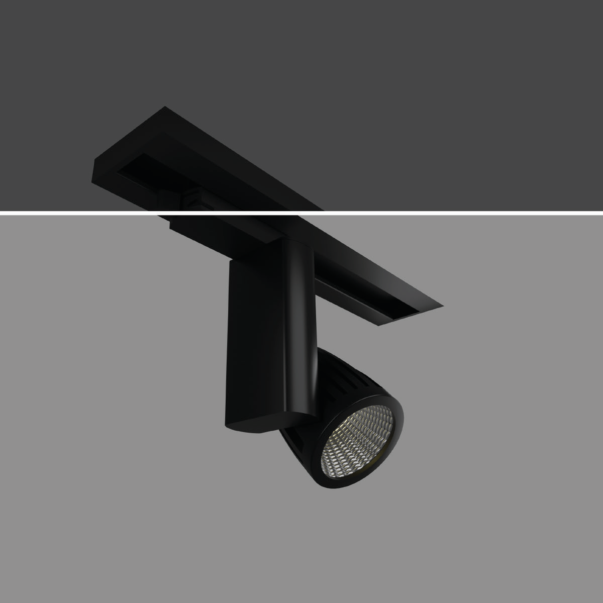 RADAR TRACK-01 black-body family reference with original extended adapter housing and circular spotlight head on a demonstration track; exact wattage and white-body photograph unavailable.