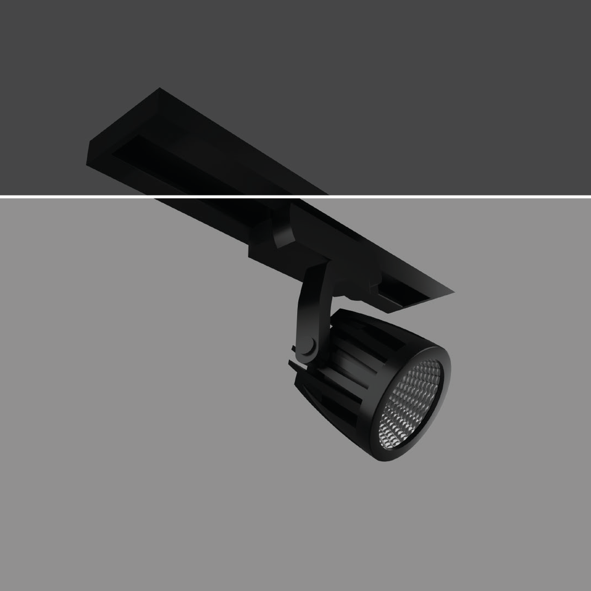 RADAR TRACK-02 black-body family reference with original short mounting bracket and ribbed cylindrical optical head on a demonstration track; exact wattage and white-body photograph unavailable.
