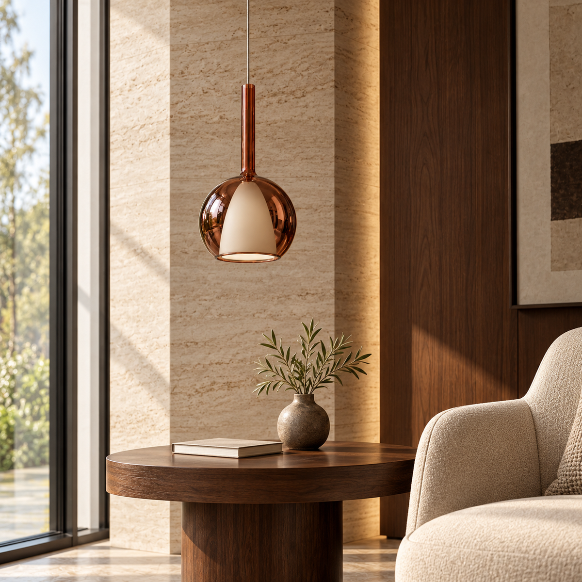 Red Wine Glass Single Pendant, unlit in a daytime interior