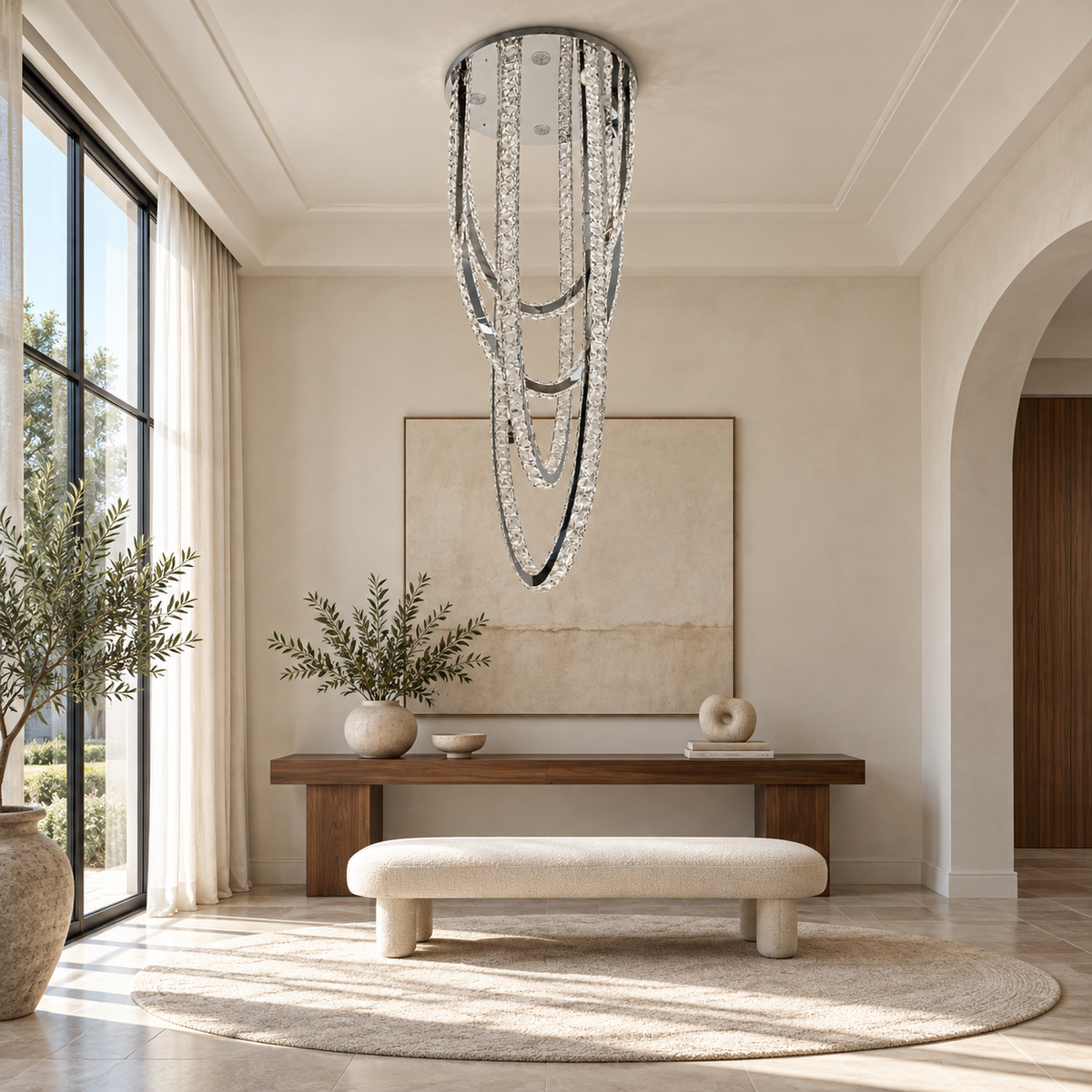 Rivelle Chrome & Clear Crystal Swag Ceiling Light – daylight interior, light off