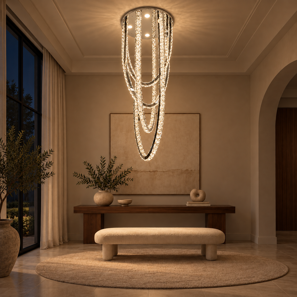 Rivelle Chrome & Clear Crystal Swag Ceiling Light – evening interior, light on