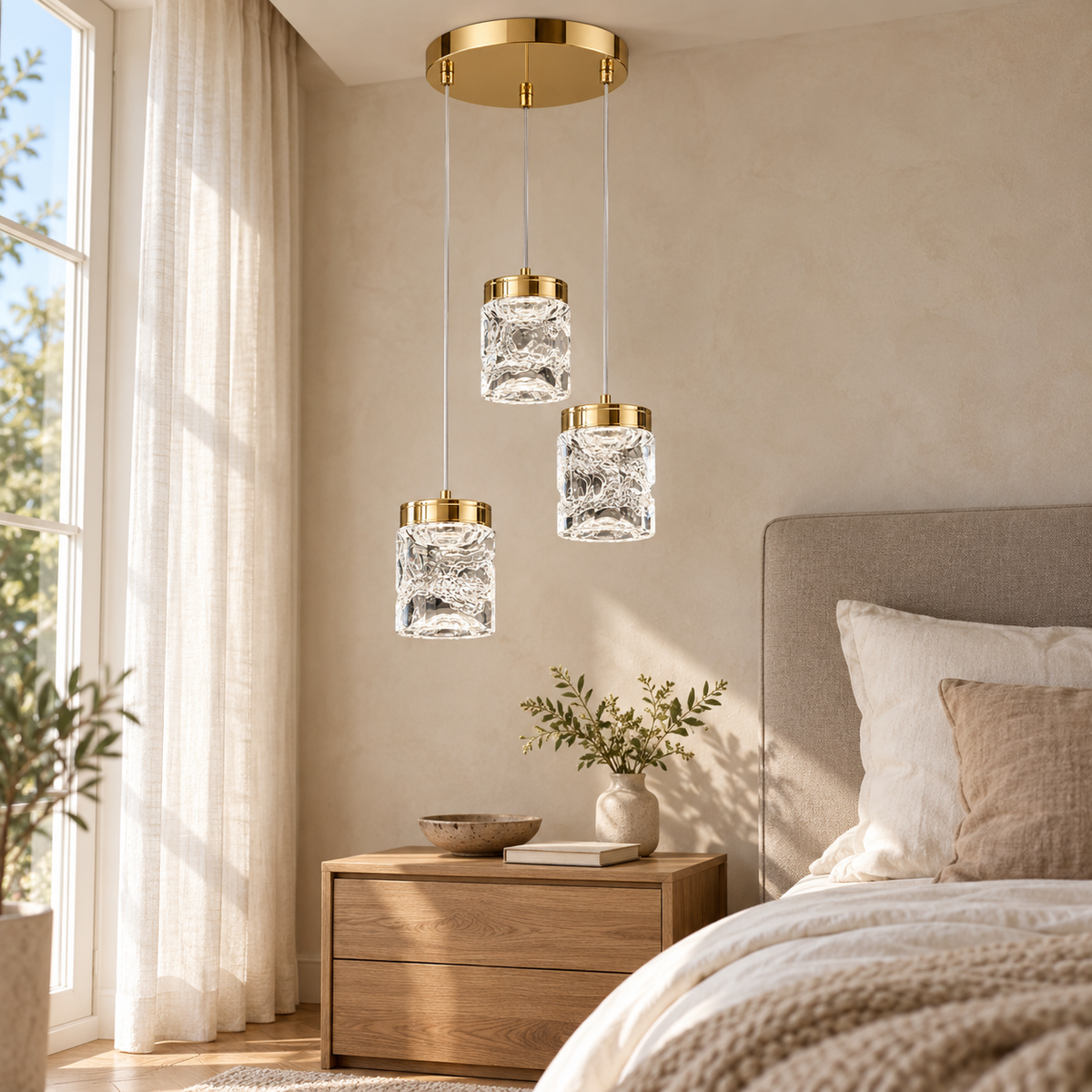 Rivelle Three-Drop Acrylic Chandelier, daylight interior, light off