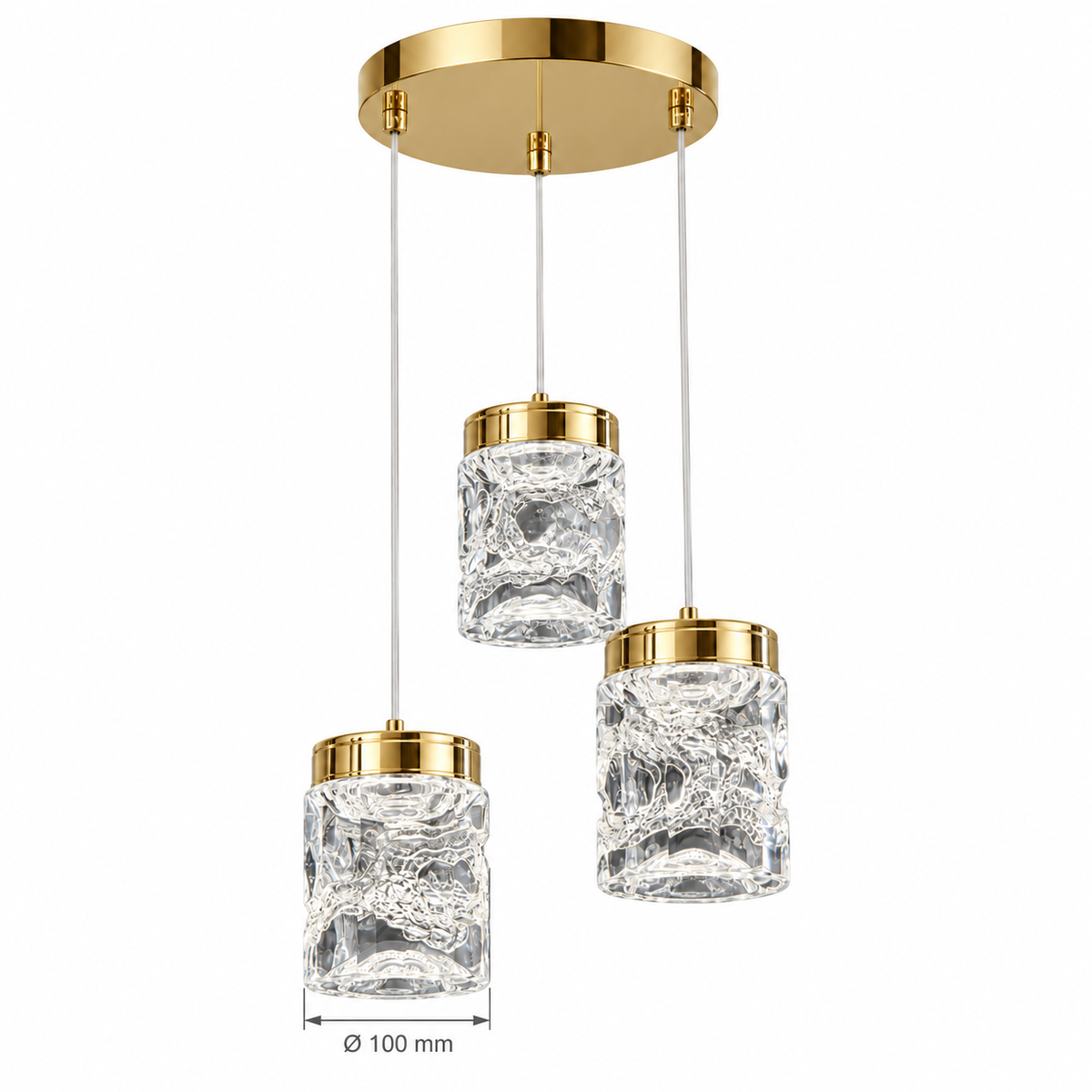 Rivelle Three-Drop Acrylic Chandelier, confirmed dimension diagram