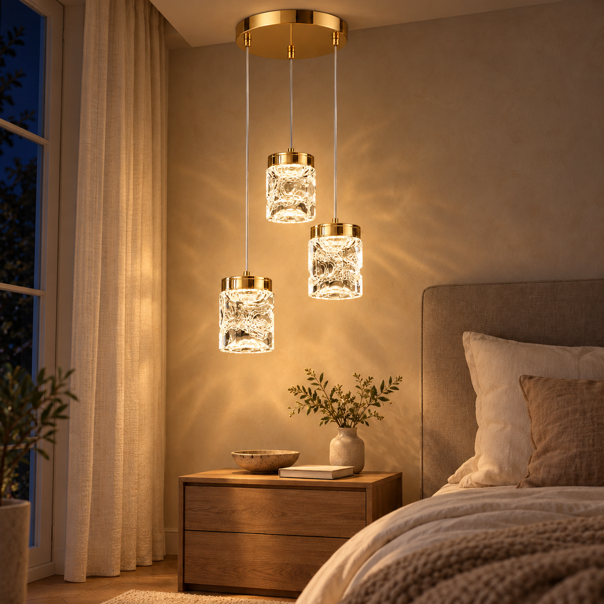 Rivelle Three-Drop Acrylic Chandelier, evening interior, light on