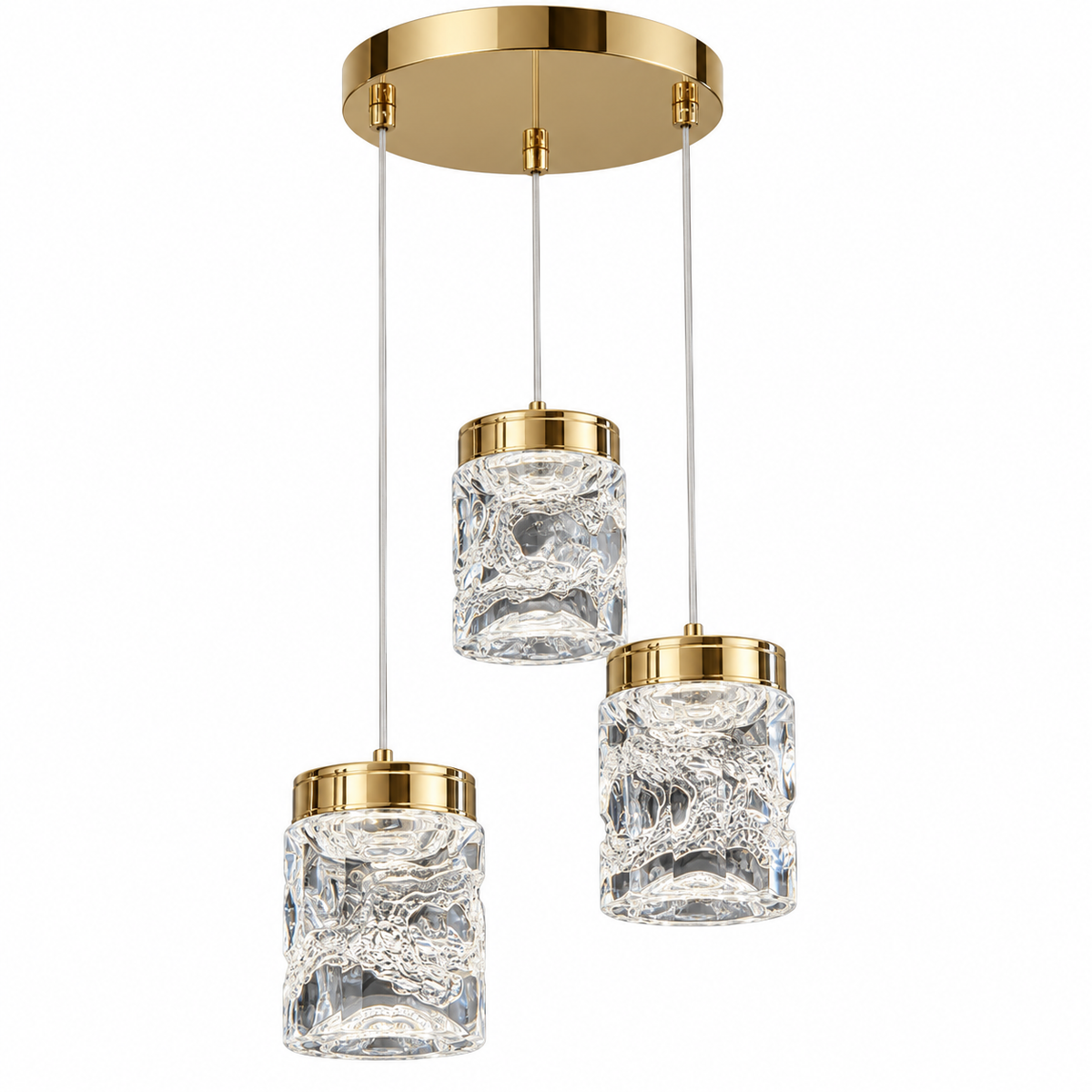 Rivelle Three-Drop Acrylic Chandelier, studio view on white