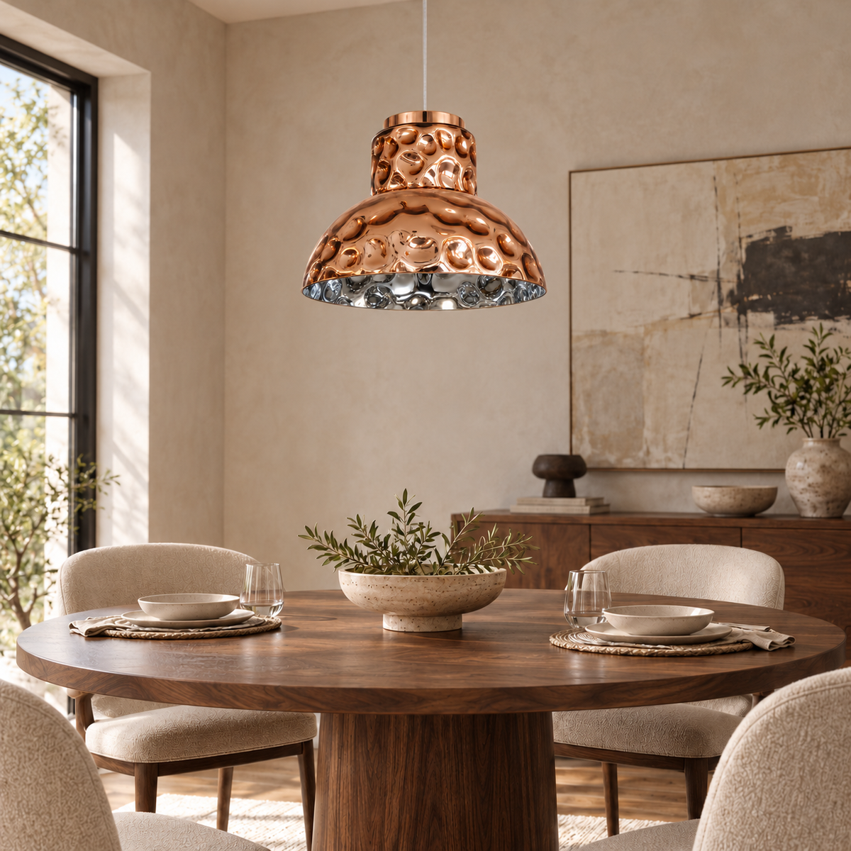 Rose Gold Dimpled Bell Pendant, unlit in a daytime interior