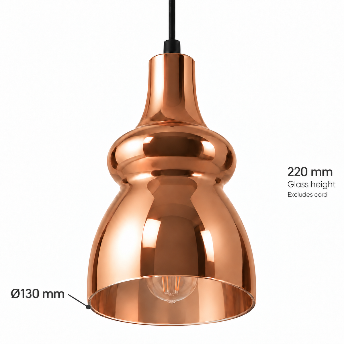 Rose Gold Glass Bottle Pendant, dimension diagram; Glass only: diameter 130 mm and height 220 mm. Suspension drop is not specified.