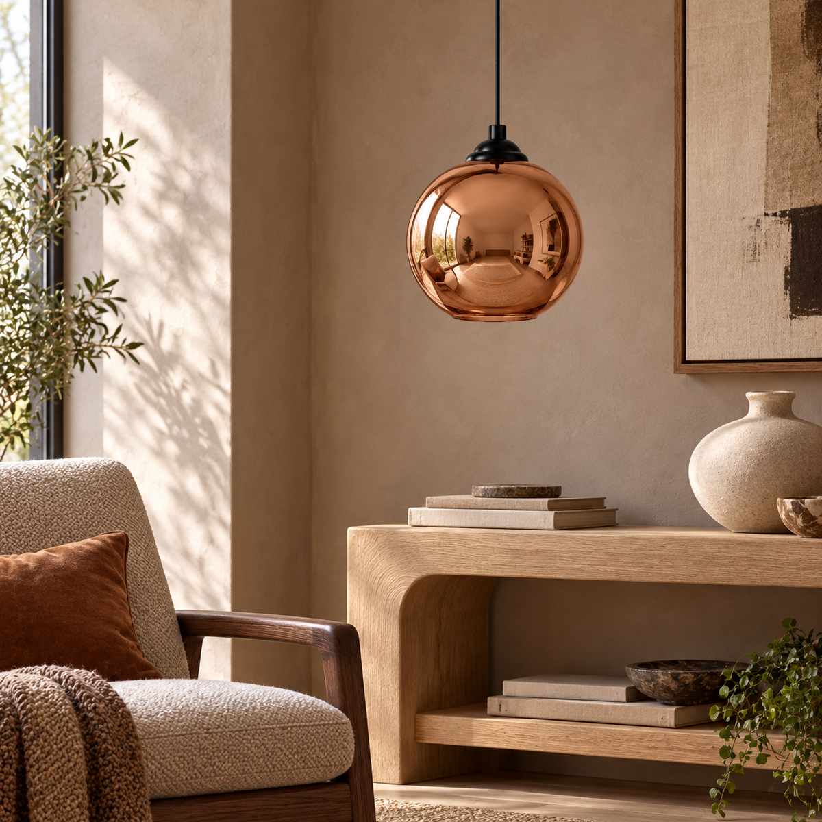 Rose Gold Mirrored Glass Globe Pendant, unlit in a daytime interior