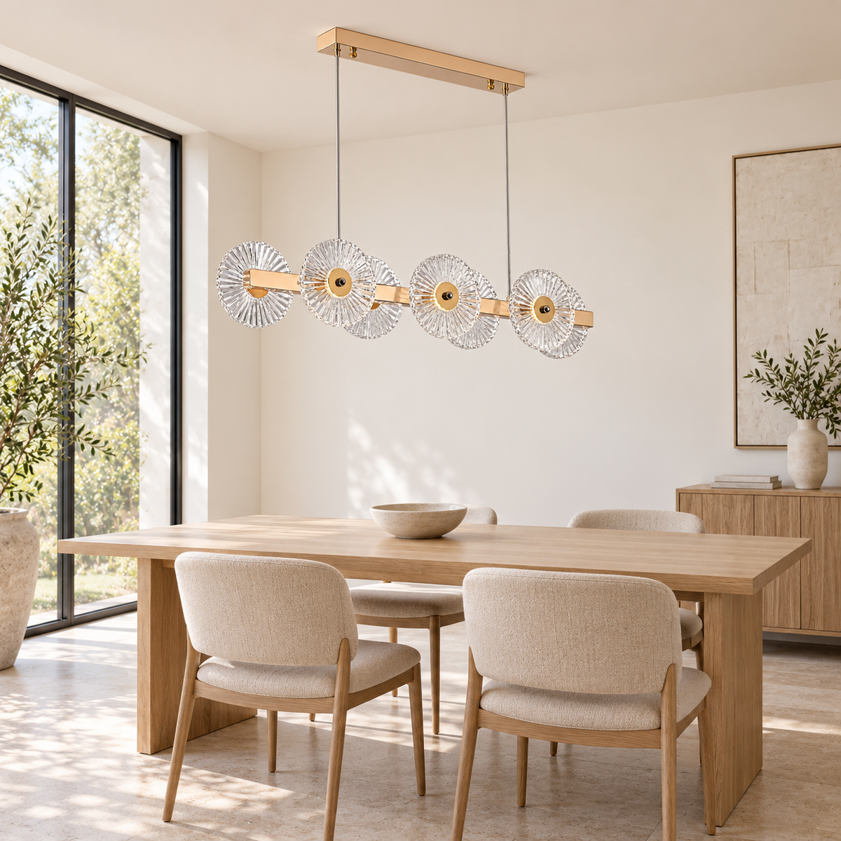 Rosella Clear Glass Disc Linear Chandelier, daylight interior, light off