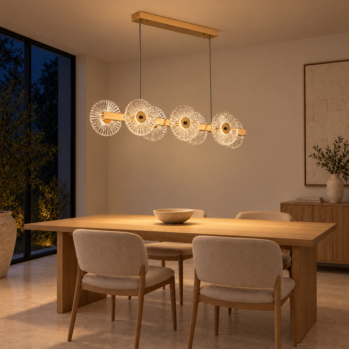 Rosella Clear Glass Disc Linear Chandelier, evening interior, light on