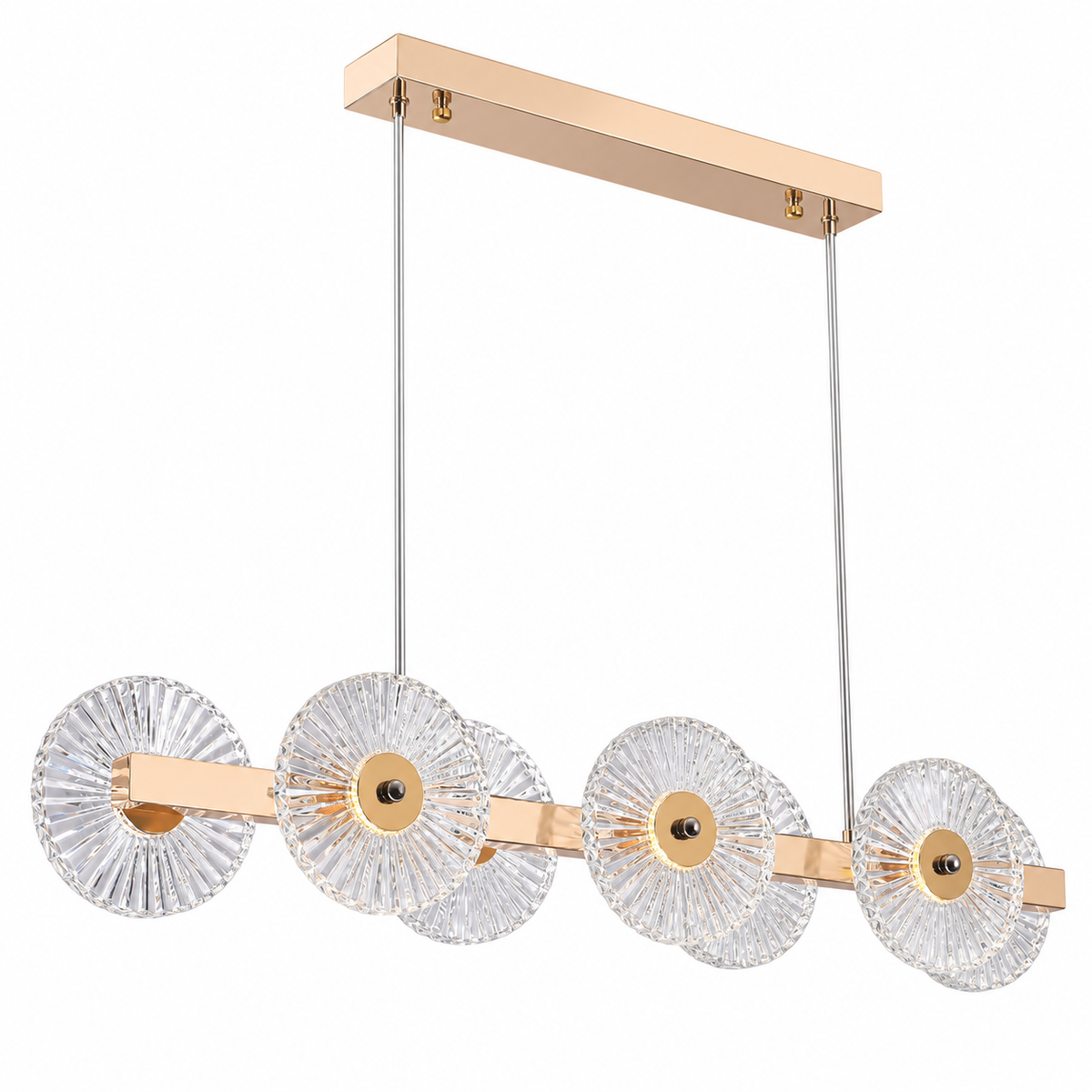 Rosella Clear Glass Disc Linear Chandelier, studio view on white