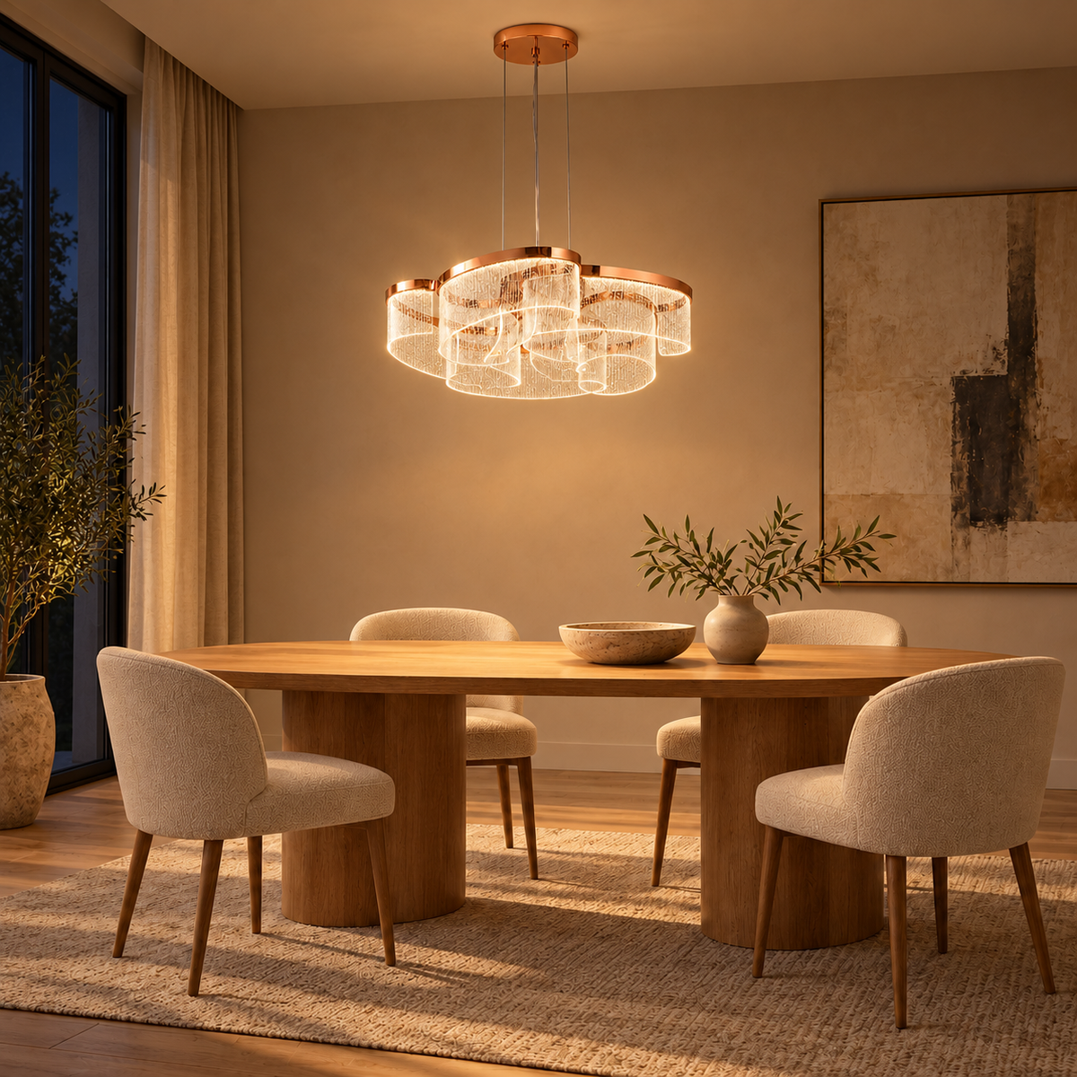 Roselle Rose-Gold Acrylic Loop Pendant Light – evening interior, light on