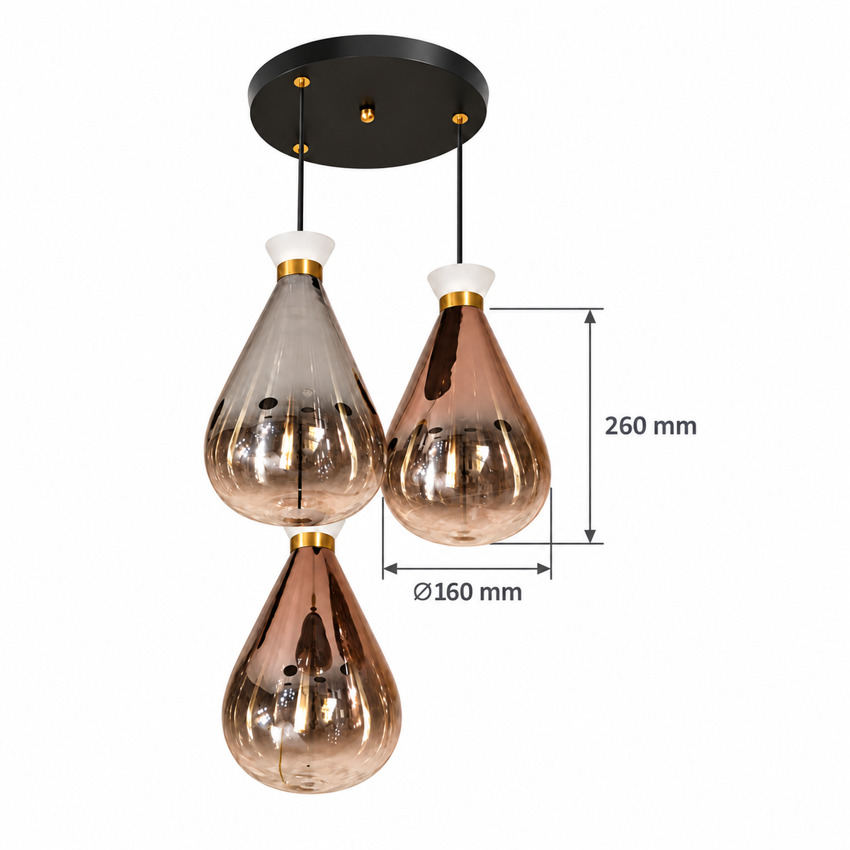 Rovina Three-Drop Glass Teardrop Chandelier, confirmed dimension diagram