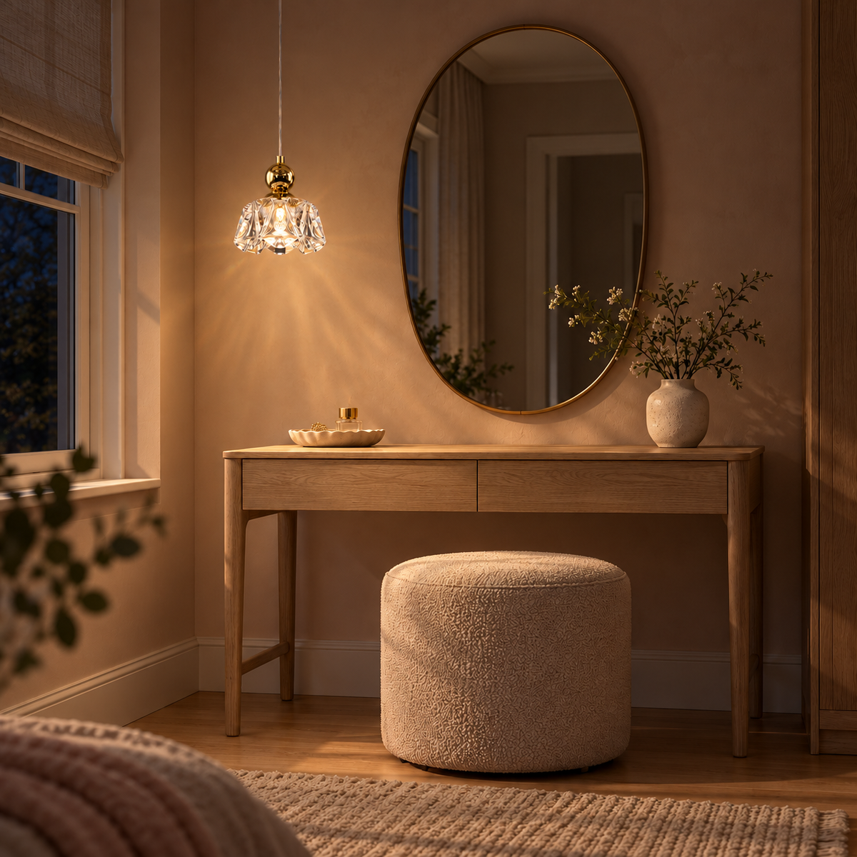 Ruelle Clear Pleated Pendant – evening interior, light on