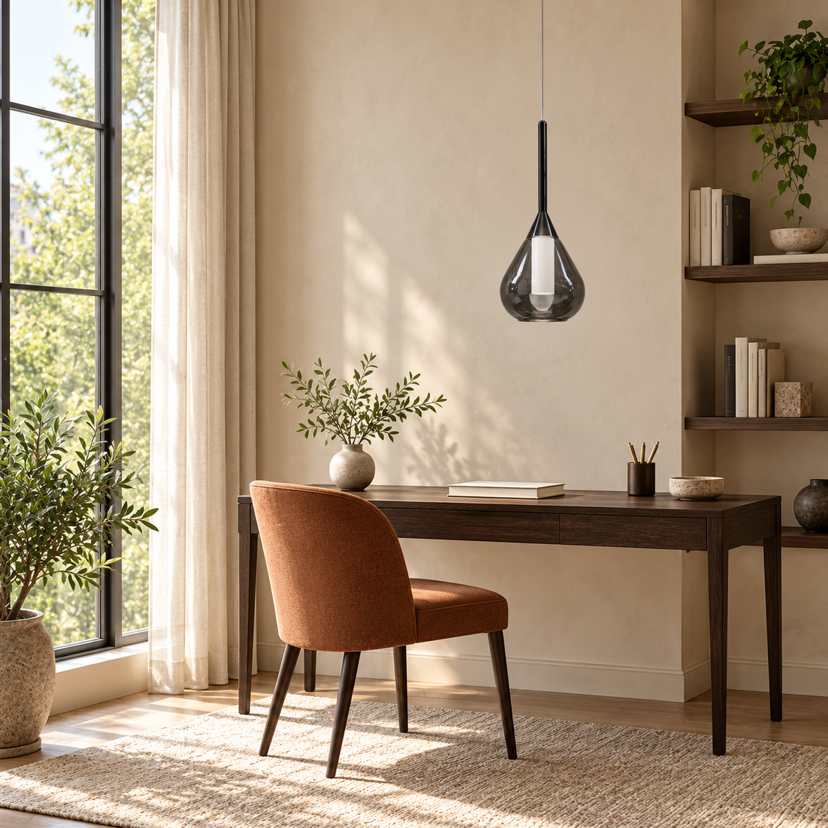 Sabletta Smoked Glass Teardrop Pendant Light – daylight interior, light off