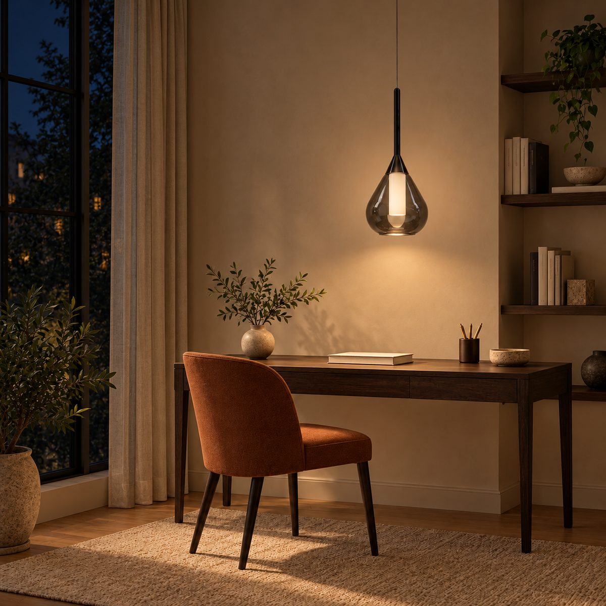 Sabletta Smoked Glass Teardrop Pendant Light – evening interior, light on