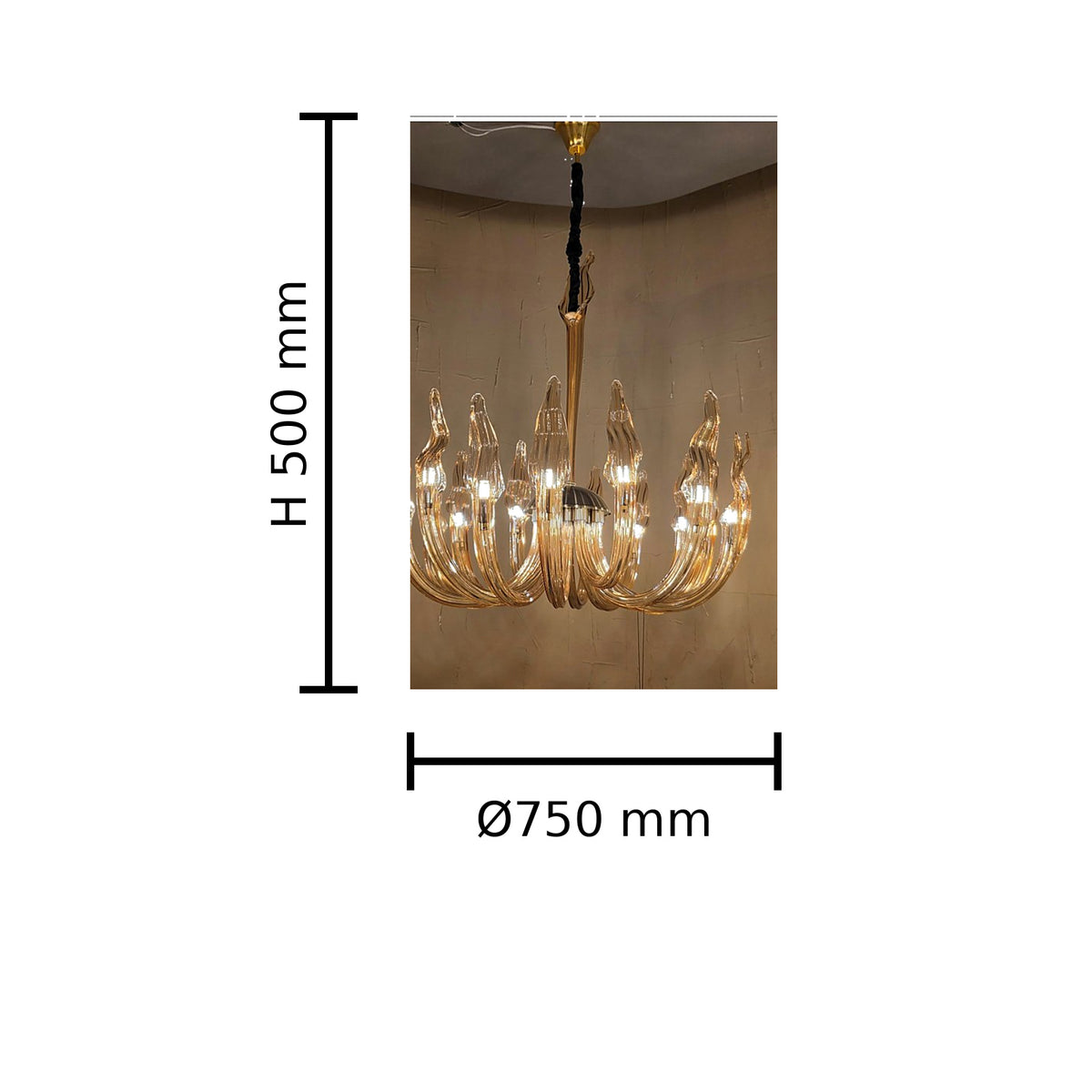 Champagne Flame Glass Chandelier dimension image, Ø750 mm x H500 mm