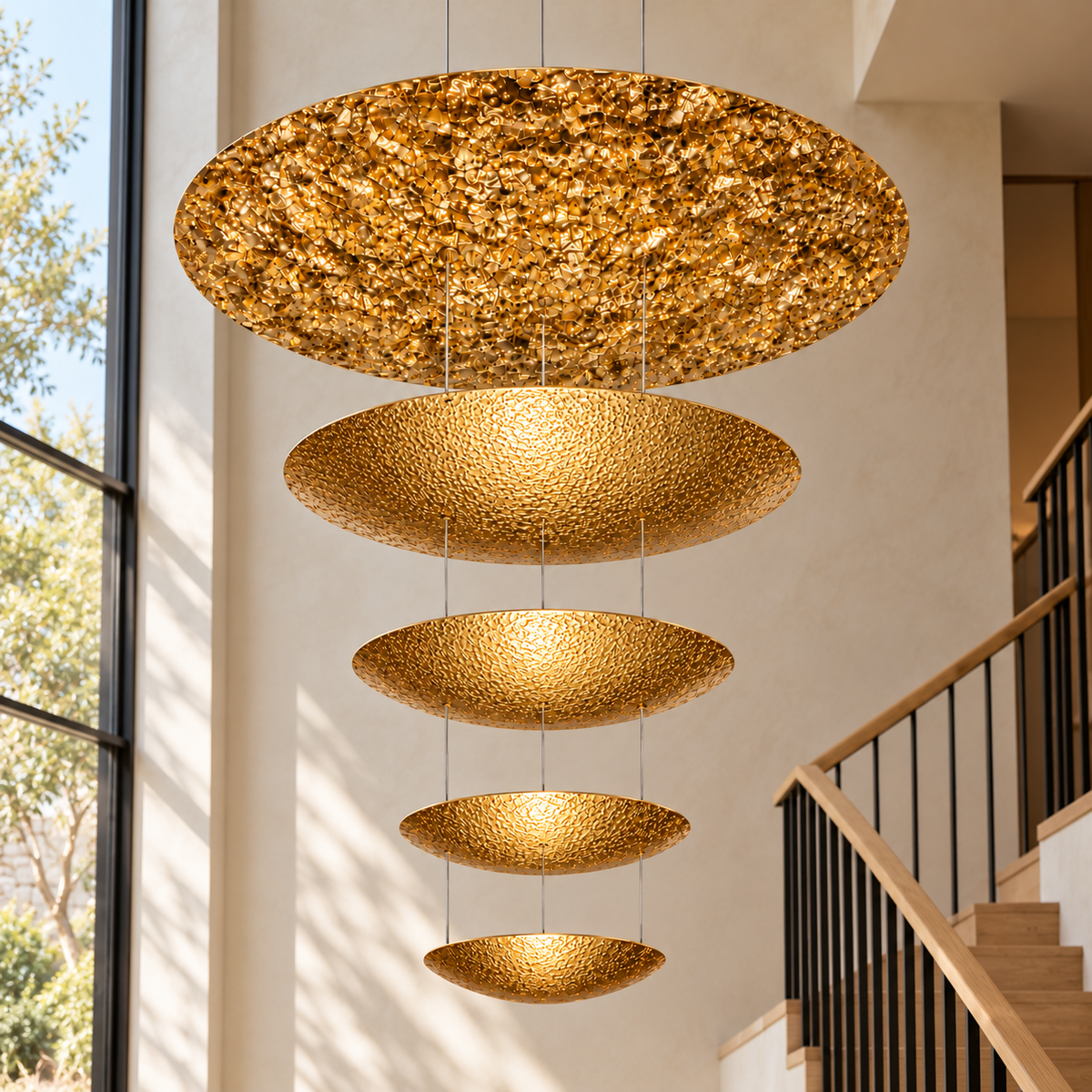 Scala Five-Disc Cascade Chandelier, daylight interior, light off