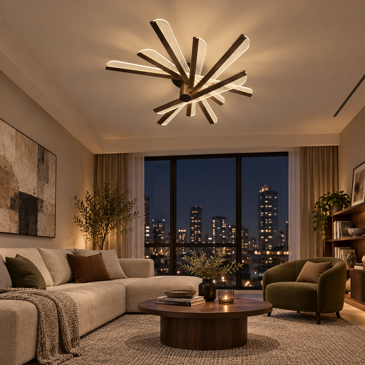Sculptural fan blade ceiling light in a contemporary living room