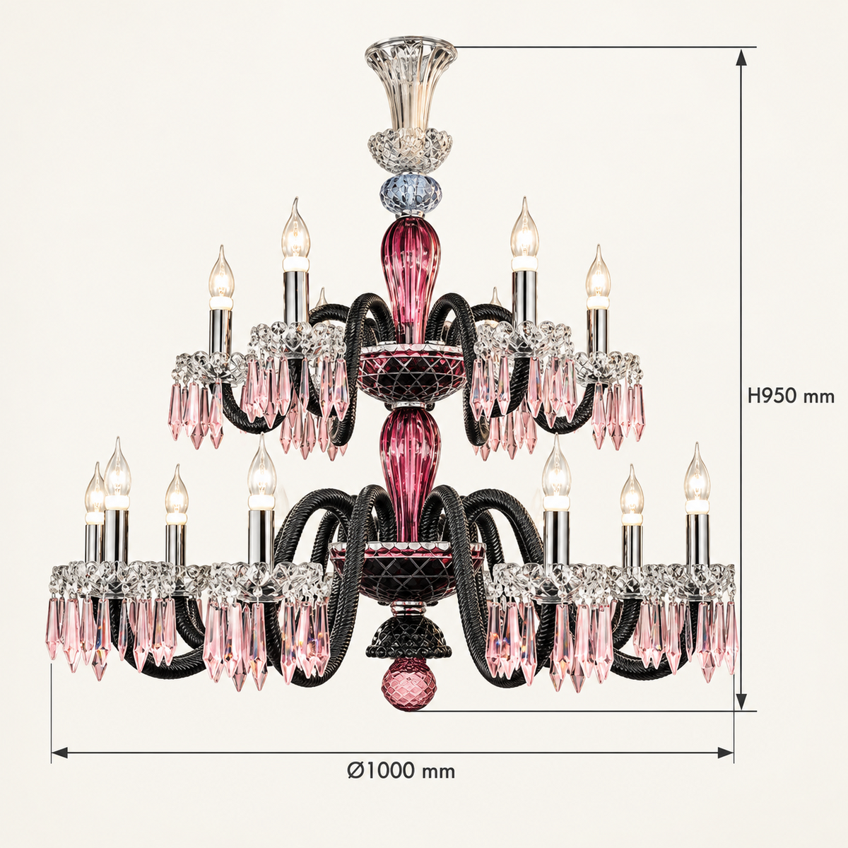 Pink and black two-tier crystal chandelier dimensions, Ø1000 mm × H950 mm