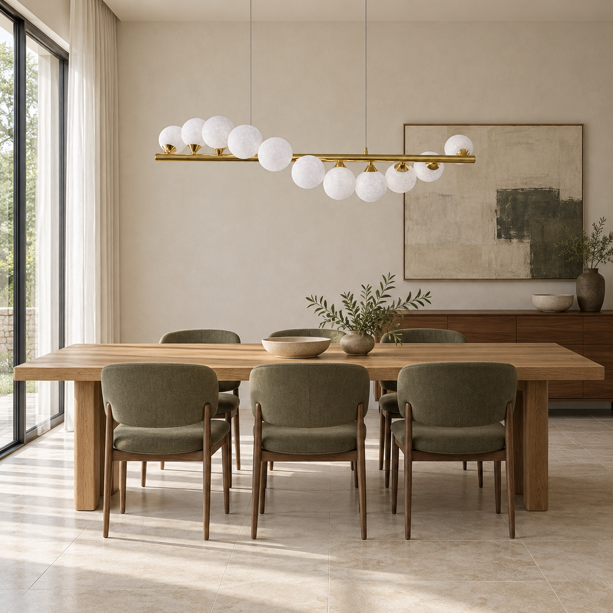 Selene Eleven-Globe Linear Chandelier, daylight interior, light off