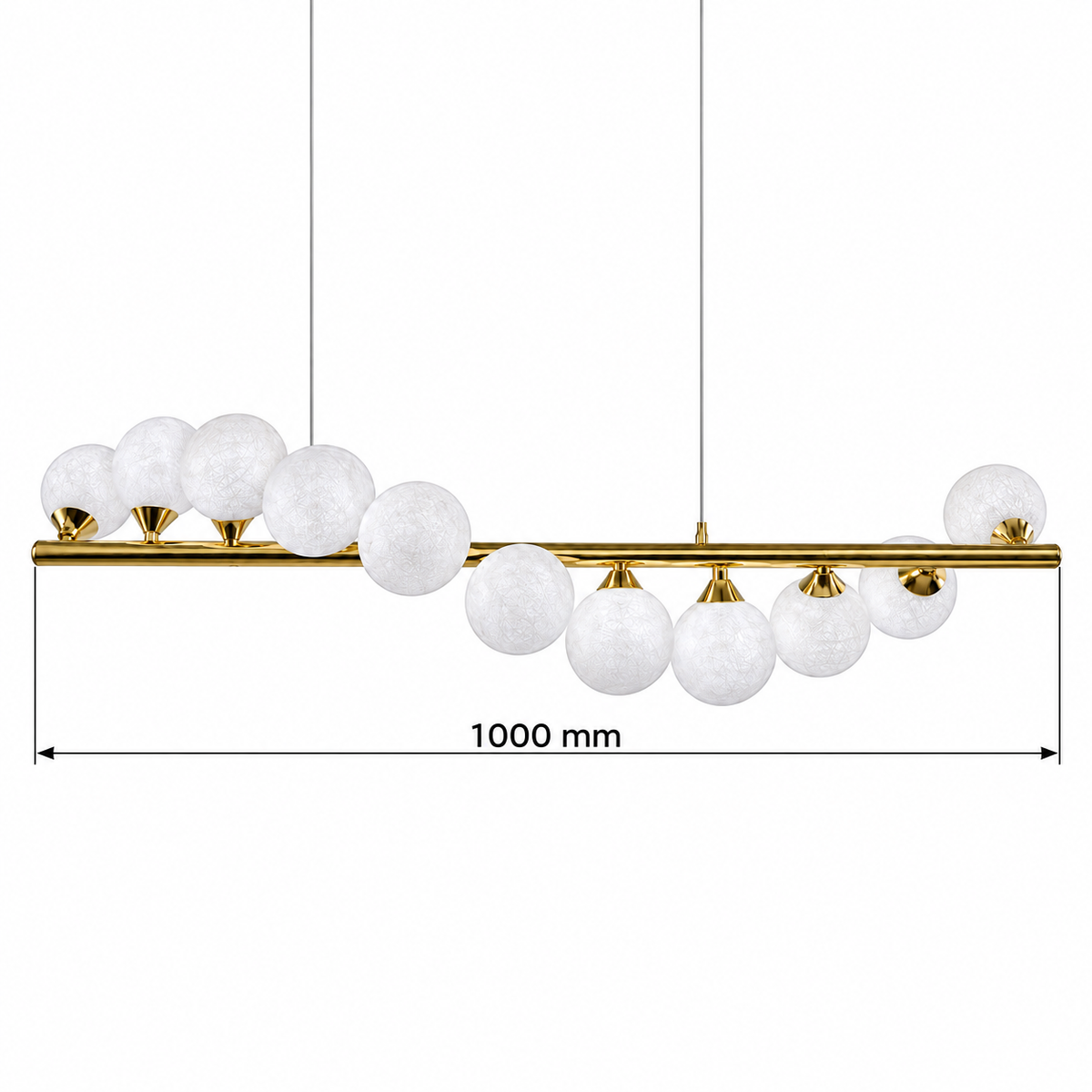 Selene Eleven-Globe Linear Chandelier, confirmed dimension diagram