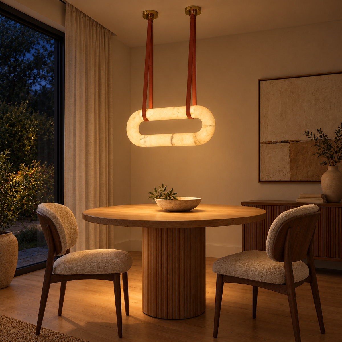 Sella Oblong Faux-Stone Loop Pendant Light, evening interior, light on