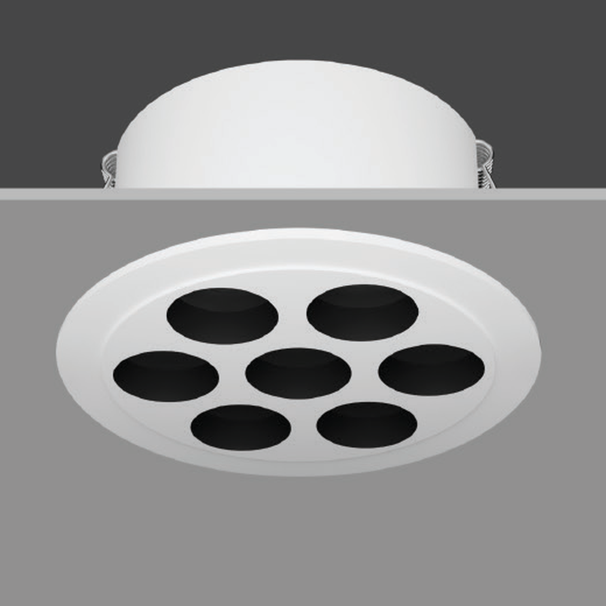 SHAFT 12W white-body round recessed downlight with the original seven-aperture optical arrangement; faithfully cropped from the wattage-labelled source photograph.
