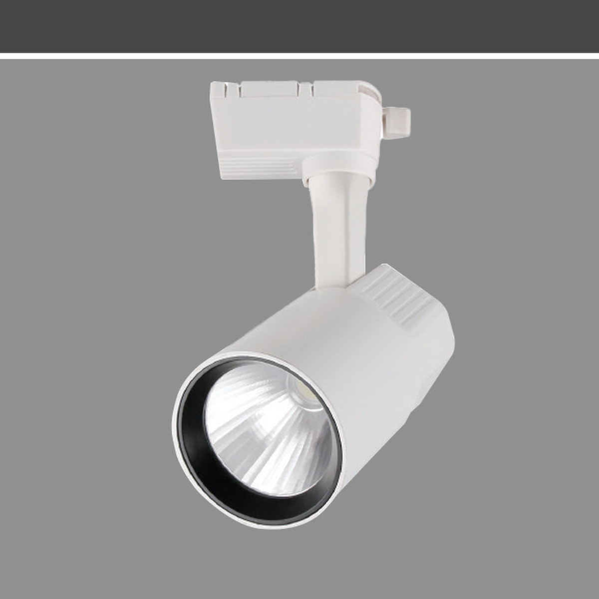 SHUTTER-01 white-body LED track spotlight family reference with original track adapter, stem, cylindrical head and reflector; exact photographed wattage and black-body photo unavailable.