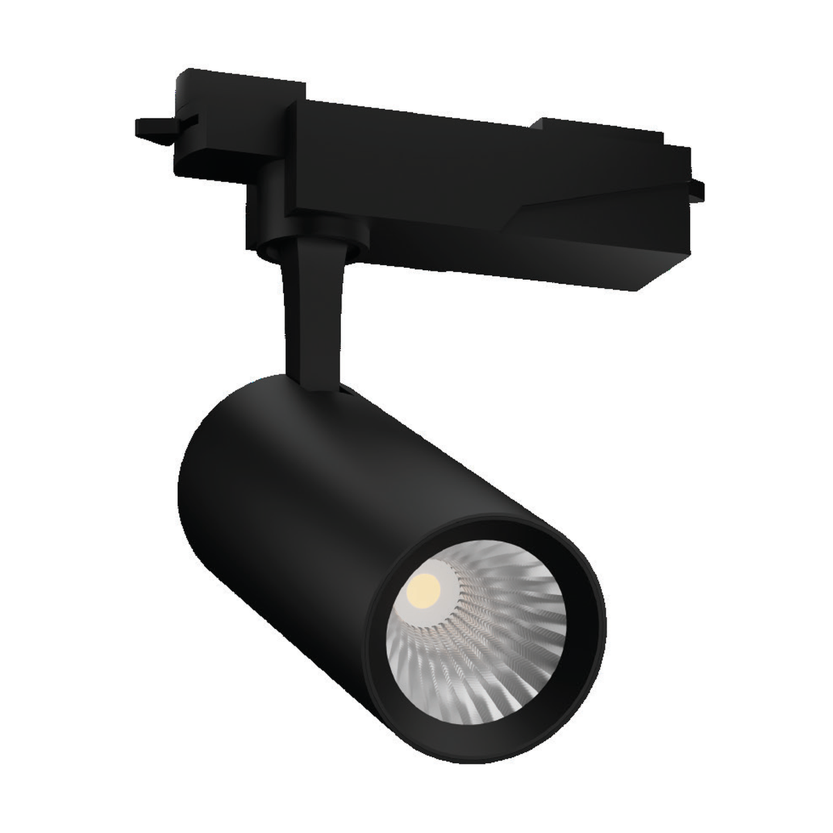 SHUTTER-02 black-body LED track spotlight family reference with original track adapter housing, stem, cylindrical head and reflector; exact photographed wattage and white-body photo unavailable.