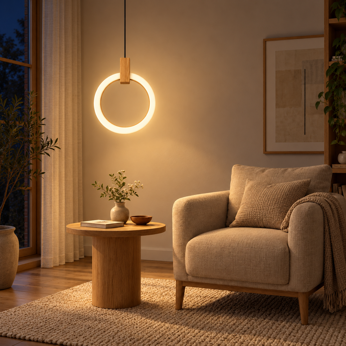 Silva Wood & Acrylic Halo Pendant Light 300 mm, evening interior, light on