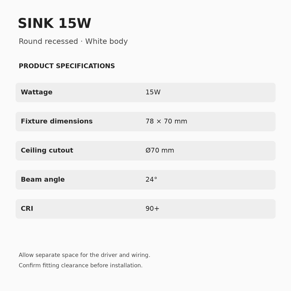 SINK 15W specifications: 78 × 70 mm fixture dimensions, Ø70 mm ceiling cutout, 24° beam and CRI 90+.