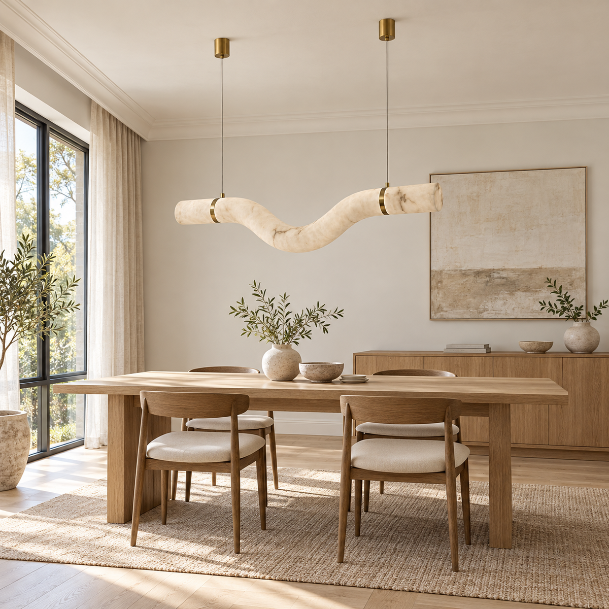 Sinuo Curved Faux-Stone Linear Pendant Light, daylight interior, light off